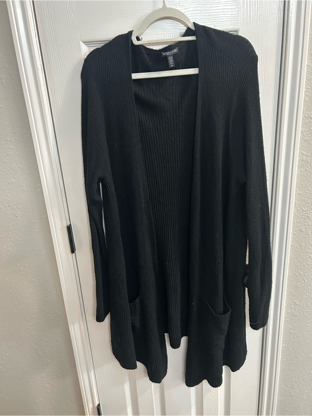 Eileen Fisher Black Rib-Knit Open Front Cardigan Sweater Pockets 2X